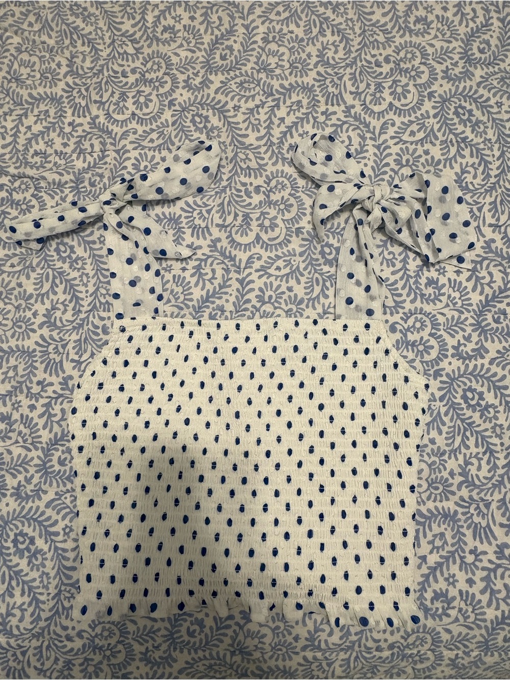 Polka Dot Tie-Shoulder Smocked White Crop Tank with Navy Dots